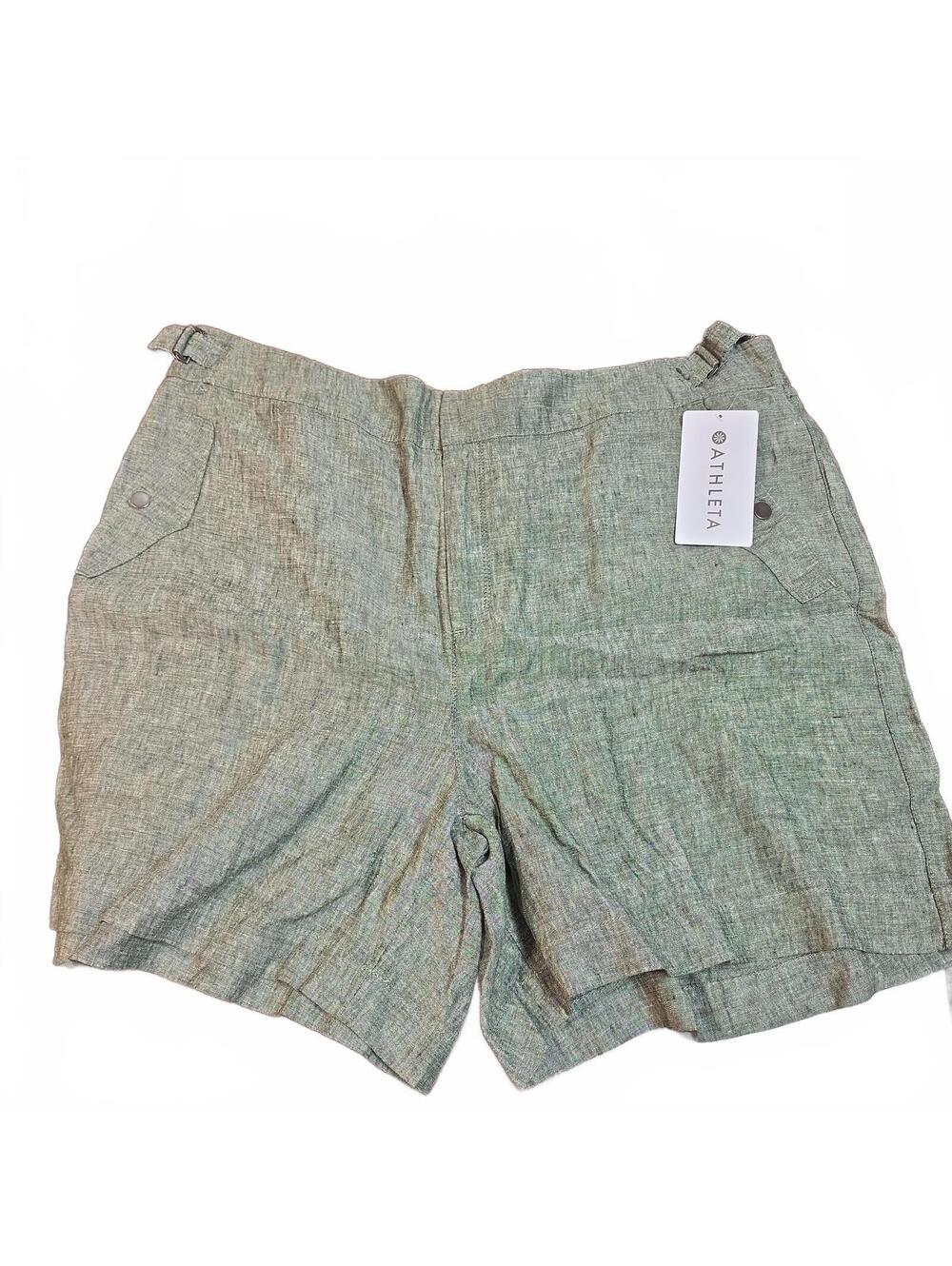 Athleta Voyager 100% Linen Shorts Olive Green High Rise Adjustable Waist 20 NWT